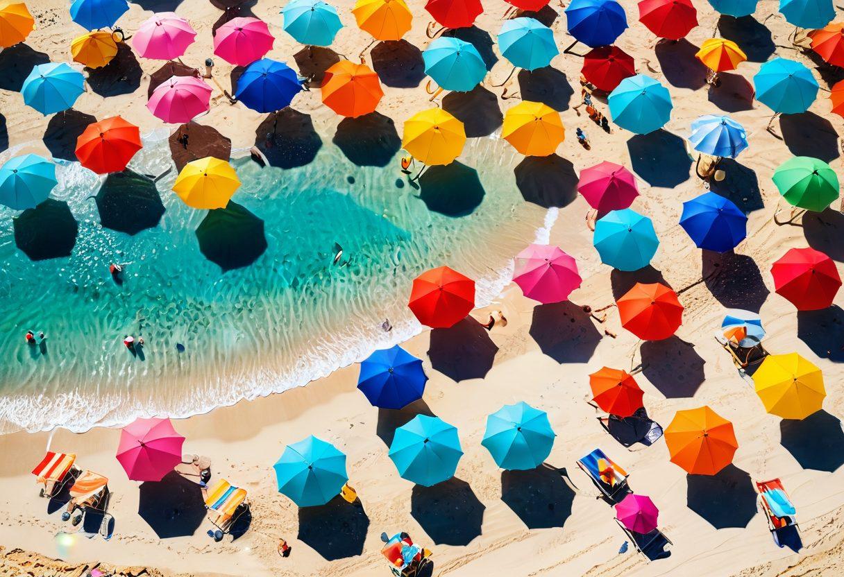 A vibrant beach scene showcasing a sun-soaked shoreline with diverse individuals wearing the latest bikini and beachwear trends. Include colorful umbrellas, beach balls, and a crystal blue ocean in the background, creating an inviting atmosphere. Showcase various body types and styles to represent inclusivity in summer fashion. Sunlight casting playful shadows enhances the summer vibe. bright colors. lively artistic style.