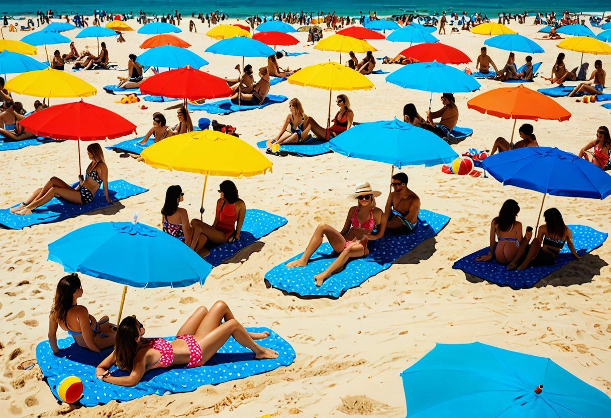 A vibrant beach scene showcasing a diverse group of people enjoying summer activities, adorned in trendy beachwear such as colorful swimsuits, straw hats, and sunglasses. Sunlit sand under a bright blue sky, with beach umbrellas and surfboards in the background. A beach ball and flip-flops scattered nearby add playful details, inviting viewers into the summer vibe. super-realistic. vibrant colors. sunny atmosphere.